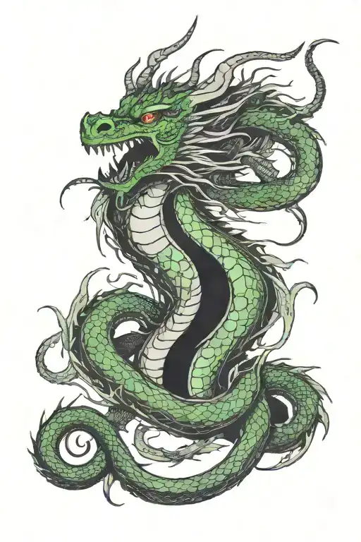 Green Dragon With Black Horns Wrapped Itself The Darkness