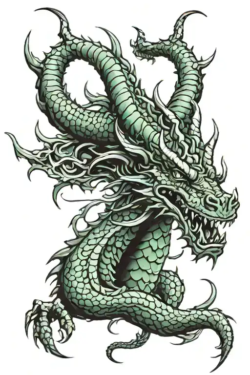 Green Dragon With Black Horns Wrapped Itself The Darkness