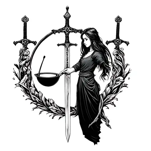 A Sword-shaped Scale Held By A Girl Holding Hands In A Circle