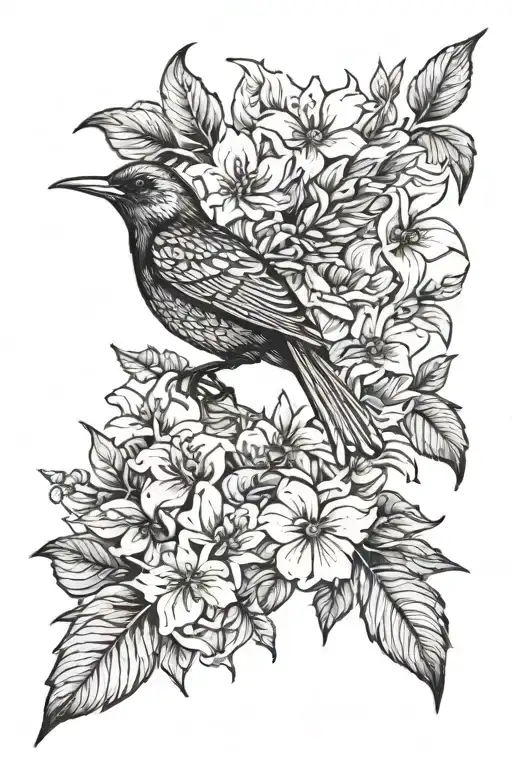 Flowers And Leaves And Bird