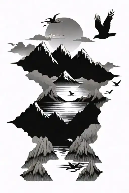 Mountains Landscape Featuring Water And Birds Flying