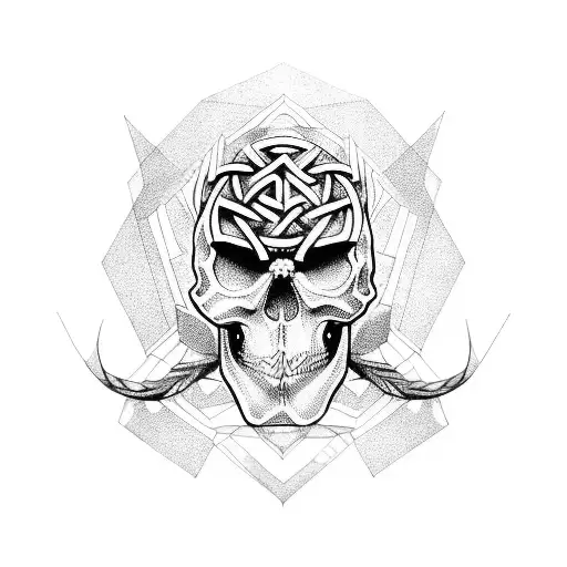 A Blackwork Tattoo Of A Norse Mythology-inspired Skull With Intricate Geometric Patterns