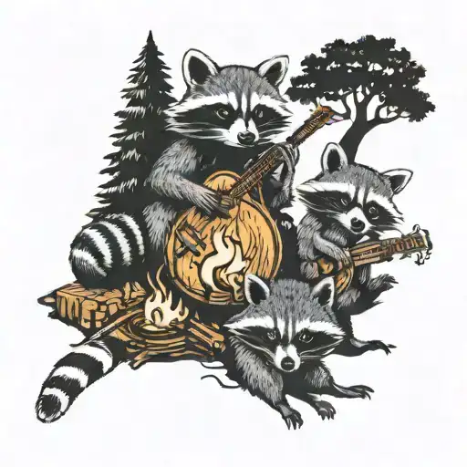 A Forest Scene With Raccoons Playing Different Musical Instruments Around A Campfire