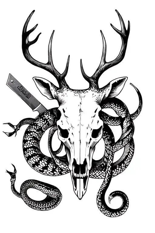 Deer Skull With Knife And Snake