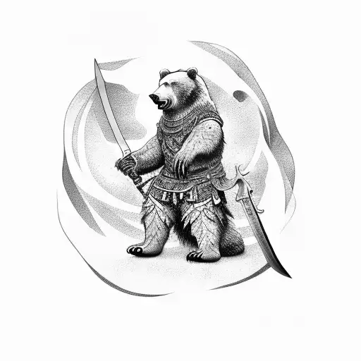 An Intricately Detailed Tattoo Of A Bear Wielding A Sword And Standing On Top Of A Military Tank