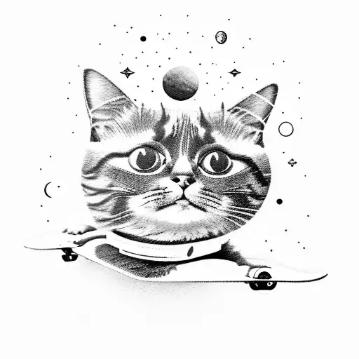 A Cat Riding A Skateboard With A Futuristic Alien Landscape In The Background