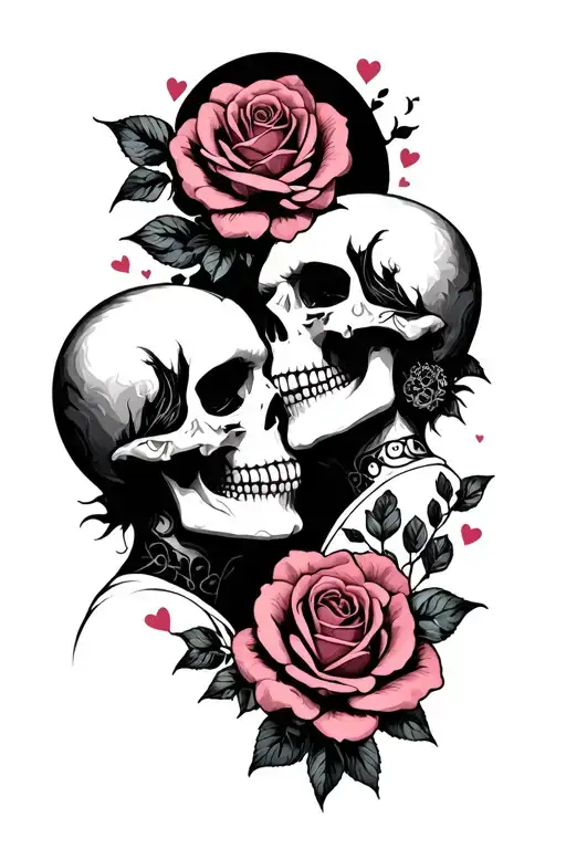 A Skull Couple Looking Face To Face With Roses & Maybe Hearts