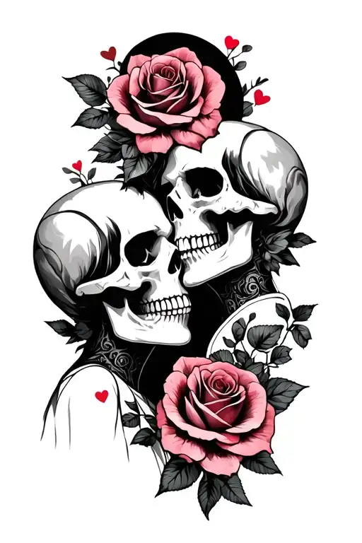 A Skull Couple Looking Face To Face With Roses & Maybe Hearts