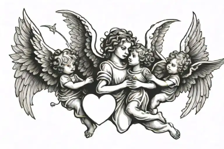 One Angel With 2 Little Angels Carrying Heart Shape