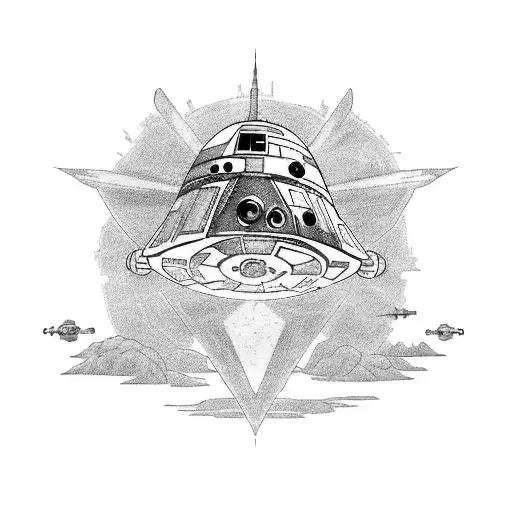 A Tattoo Of A Star Wars Spaceship Flying Over A Beach