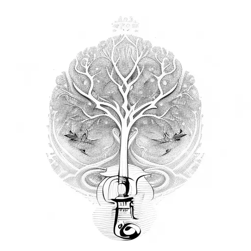 Violin Scroll Morphing Into A Majestic Tree With Musical Notes As Birds