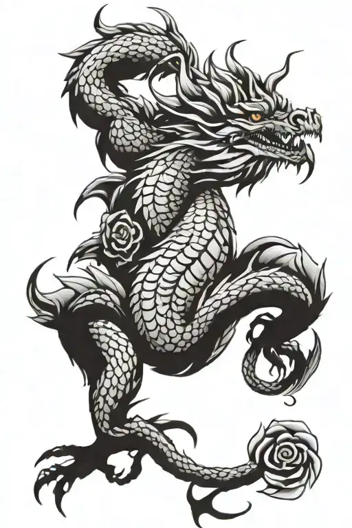 Spine Tattoo Dragon With A Rose Intertwined Within Its Tail
