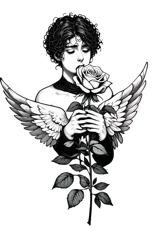 Sad Man With One Wing Hold Tow Rose Flower In Both Of Her Hands