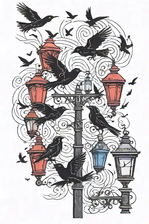 Flock Of Black Birds Flying Through Red And Blue Streetlights