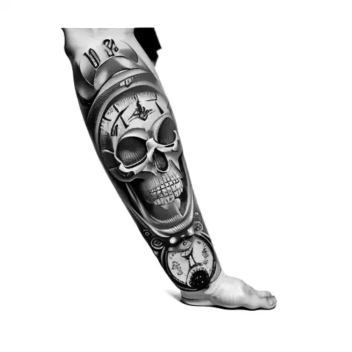 A Tattoo Of A Clock And A Skull