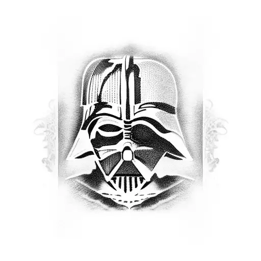 A Dotwork Tattoo Of Darth Vader's Mask With Anakin Skywalker's Face Fading Into The Background
