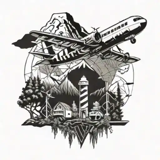 Wind Turbines Mountains Photovoltaic Solar Panel Featuring Dense Forest Airplane Map Compass