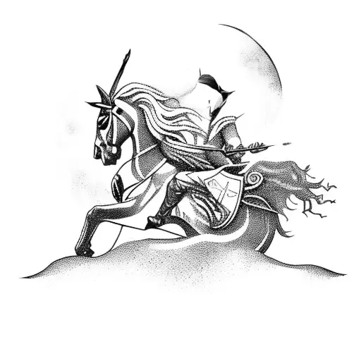 A Majestic Blackwork Tattoo Of Link Riding Epona Through A Forest