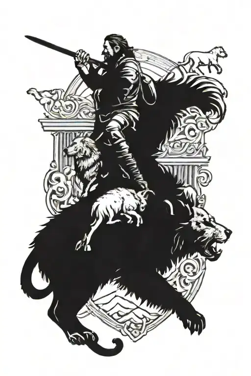 A Shepherd Defending A Sheep From A Lion And Bear Head