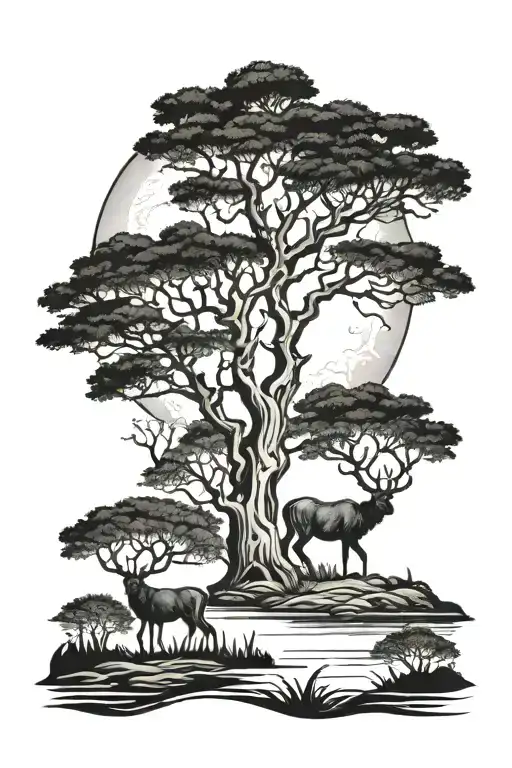 Yew Tree Forest By A River With Stag By Water Under Full Moon