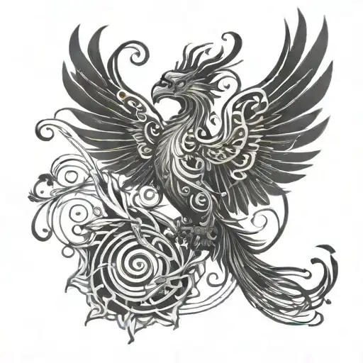 A Phoenix Rising From A Musical Staff With Historical Symbols Intertwined