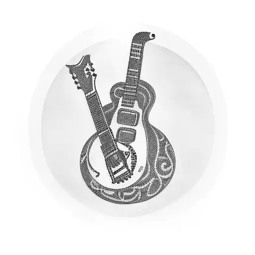 A Blackwork Tattoo Of A Guitar Surrounded By Musical Notes