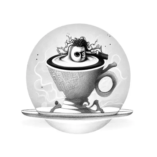 A Coffee Cup With Tim Burton-inspired Characters Emerging From The Steam