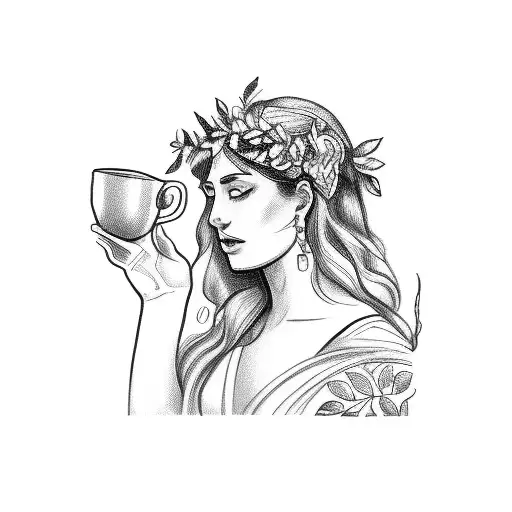 A Sketch Of A Greek Goddess Holding A Coffee Mug In A Nature Setting