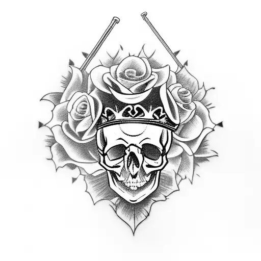 A Skull Wearing A Crown Of Roses And Holding A Gun
