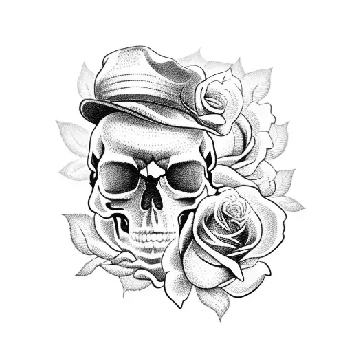 A Blackwork Tattoo Of A Skull Wearing A Hat Made Of Roses And Holding Guns