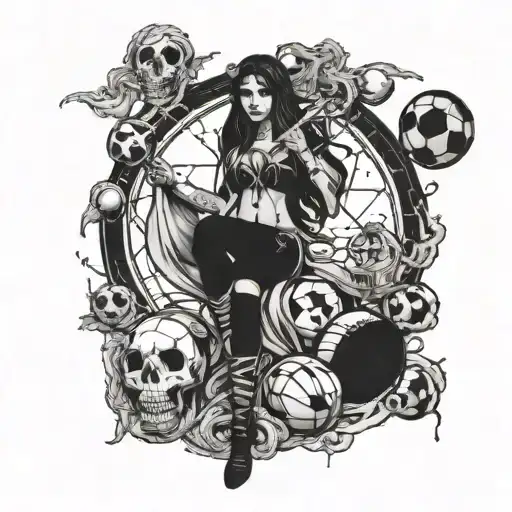 A Modern Interpretation Of The Goddess Of Death Surrounded By Football Symbols