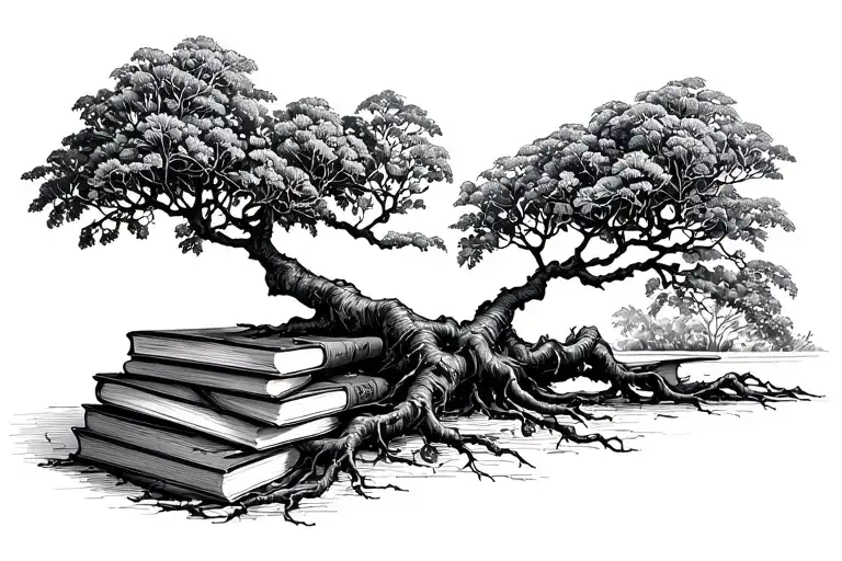 Moreton Bay Fig Tree With Roots Growing Into A Stack Of Books