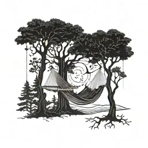 Three Hammocks Strung Up Between Two Trees In The Middle Of The Forest On A Moonlit Night