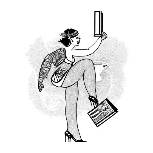 A Blackwork Tattoo Of A Samba Dancer Holding A Book And Enjoying A Cup Of Coffee