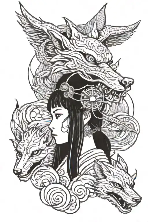 Japan Girl With Fox Mask And Dragon Flying