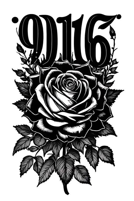 The Numbers 916 With A Rose Intertwined Within Its Branches Horizontally
