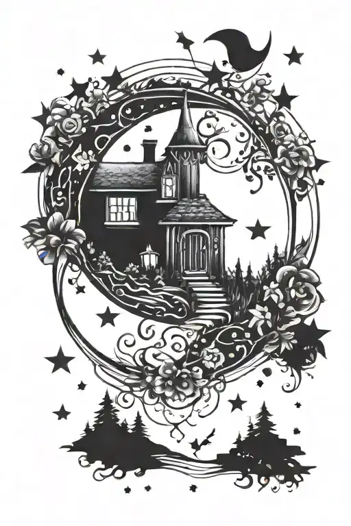Mystic Cottage Moon Surrounded By Stars