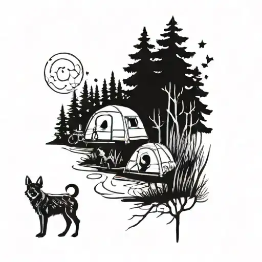 A Tattoo Design Of A Mother And Her Four Boys Camping Under The Stars In The Woods