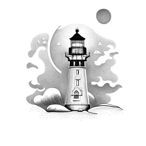 A Detailed Blackwork Tattoo Of A Majestic Lighthouse Nestled In A Dense Forest