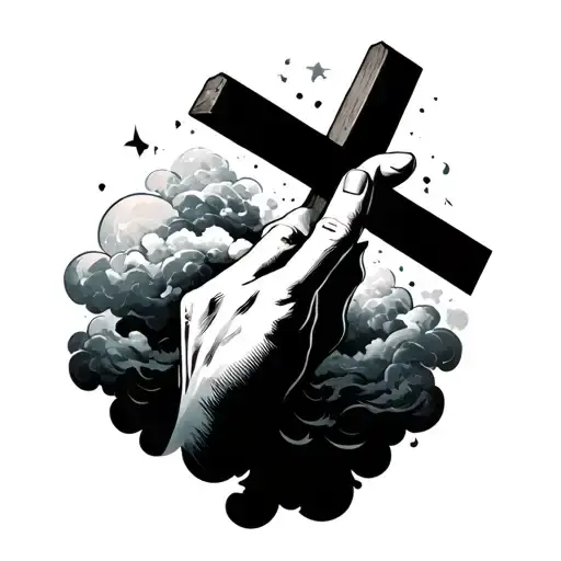 Hand With Cross That Comes Out Of Cloud Background