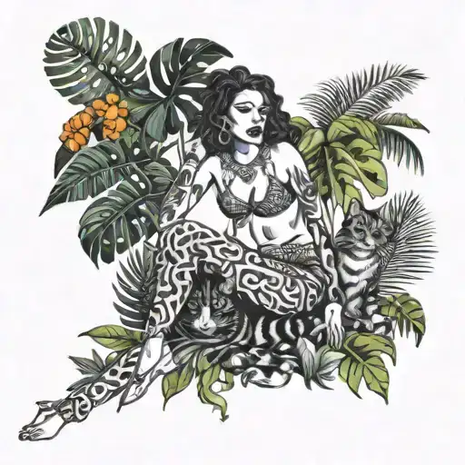 A Reggaeton Dancer Surrounded By Tropical Foliage And A Group Of Playful Cats