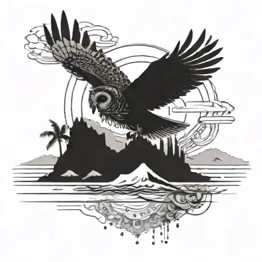 A Majestic Owl Soaring Over A Serene Beach Landscape