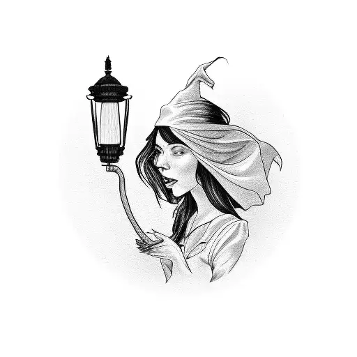 Long Black Haired Woman Looking Like A Witch Holding A Gas Lamp