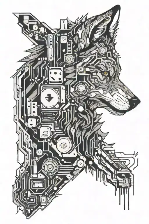 A Wolf Howling At The Moon With A Computer Motherboard Integrated Into The Design