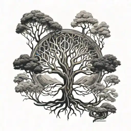 An Intricate Design Of A Tree Of Life With Mountain Peaks As Its Branches And Roots