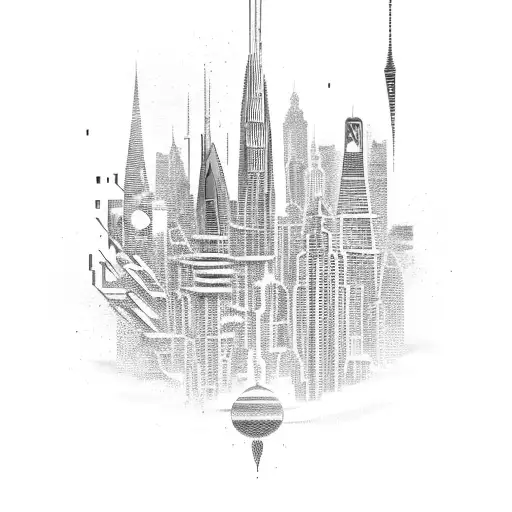 A Futuristic City Skyline With Inca And Mayan Symbols Incorporated