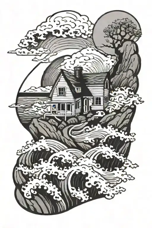 House Built On A Rock With Raging Ocean Waves