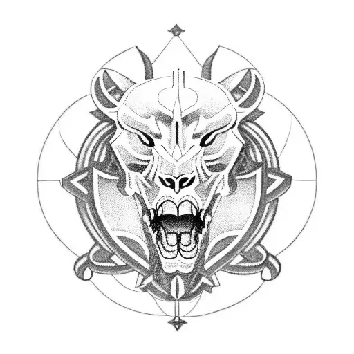 A Blackwork Lion And Skull With Engineering Symbols Incorporated Into The Design