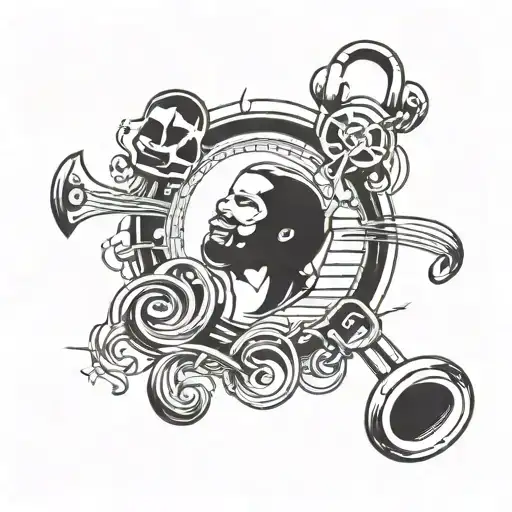 A Tattoo Design Combining Music Notes And Wrestling Elements In A Unique Composition