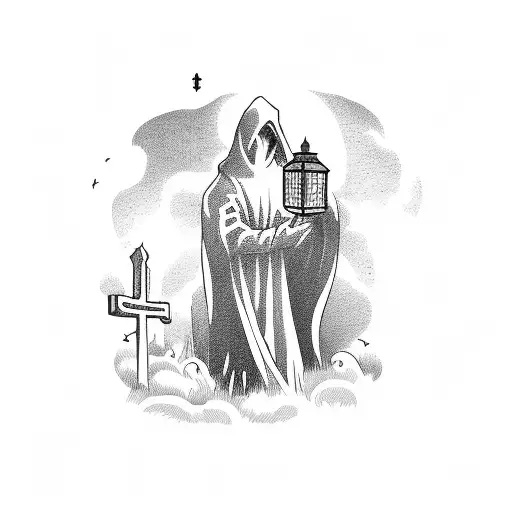 A Graveyard Scene With A Mysterious Figure Wearing A Black Cloak And Holding A Lantern
